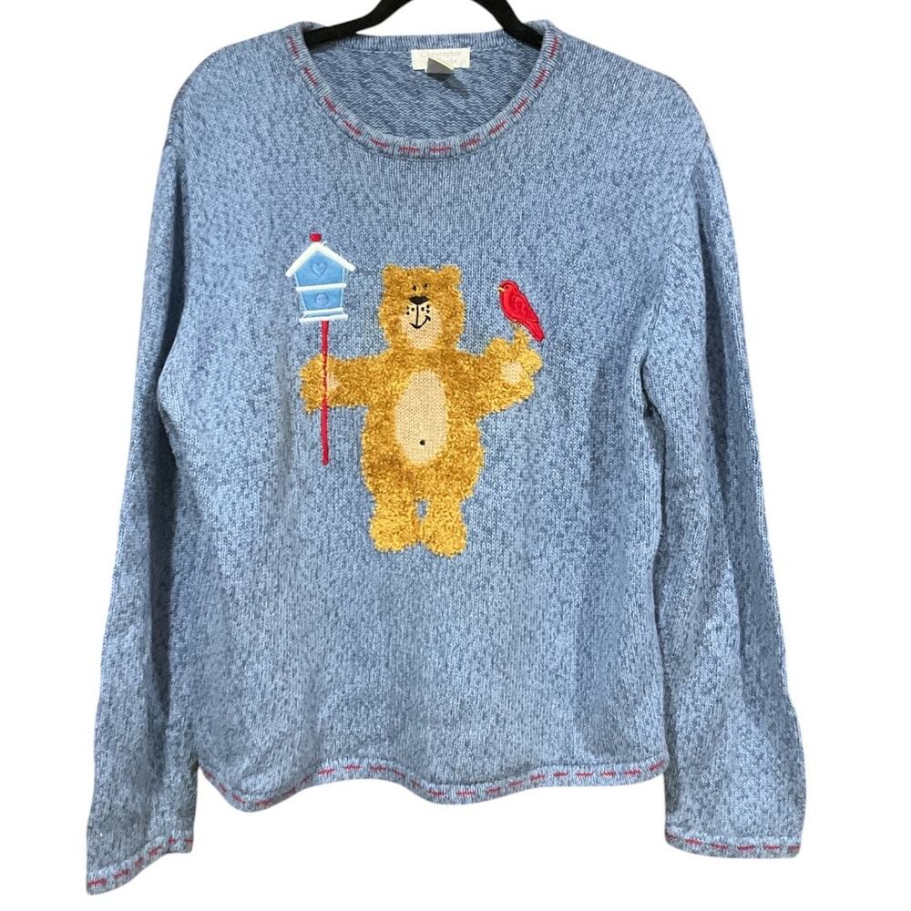 Christopher & Banks Bear Sweater Cotton Ramie Blue Large